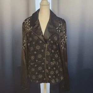Black Satin, velvet and lace long sleeve zippered jacket with pockets.